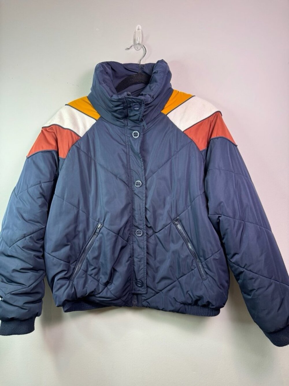 Free People Women’s Heidi Chevron Puffer Coat Navy Blue Size Medium